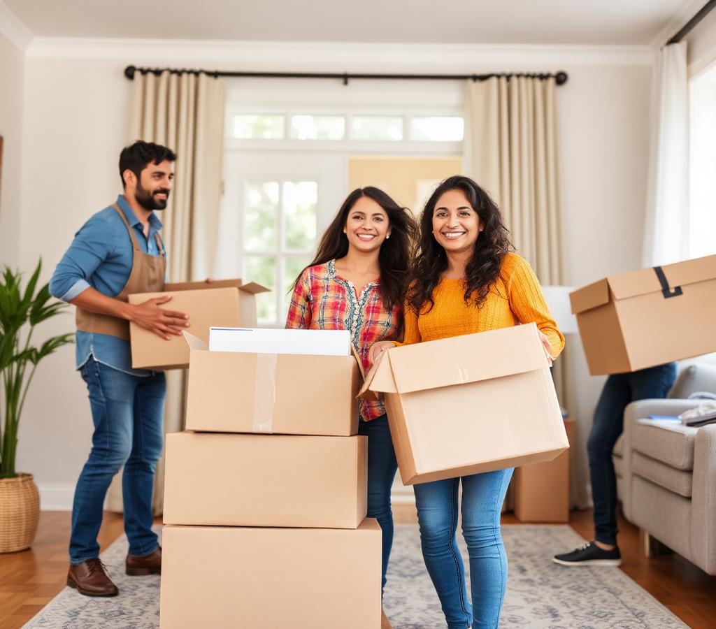 Happy family with movers